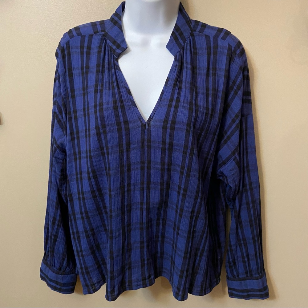 Madewell Blue & Black Plaid Womens V Neck  Cotton Long Sleeve Blouse  Size M